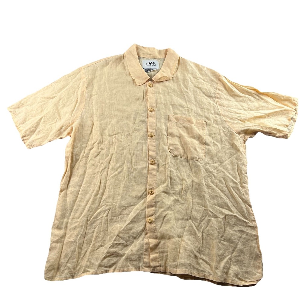 FLAX Jeanne‎ Engelhart Shirt Mens Small 100% Linen Yellow Short Sleeve Button Up